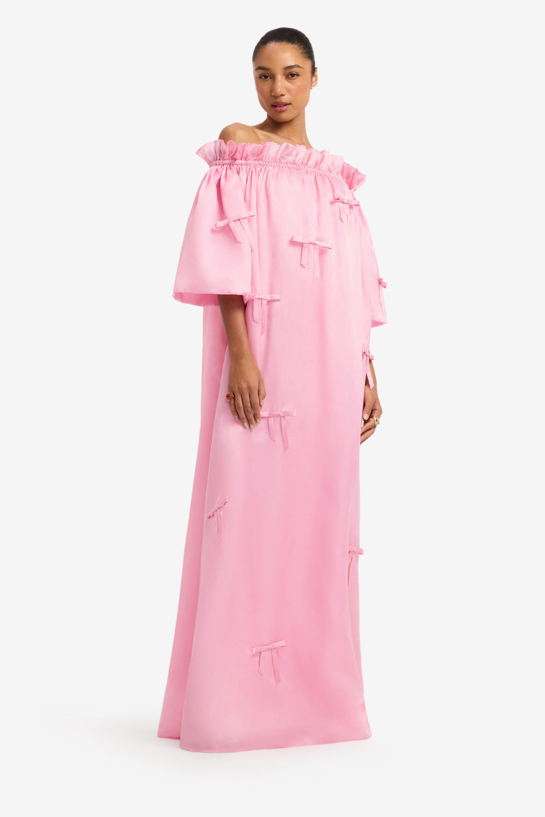 Liana Bow Off Shoulder Maxi Dress - Pink Dress Maxi
