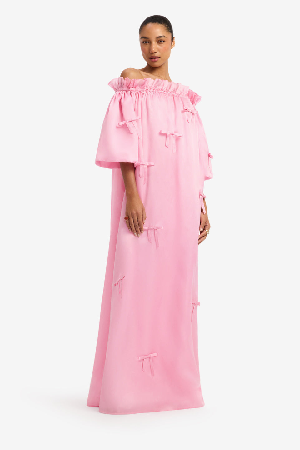 Liana Bow Off Shoulder Maxi Dress - Pink Dress Maxi