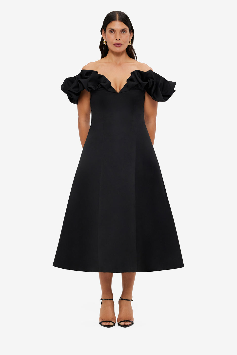 Exclusive LEO LIN Annie Off Shoulder Frill Midi Dress - Ebony
