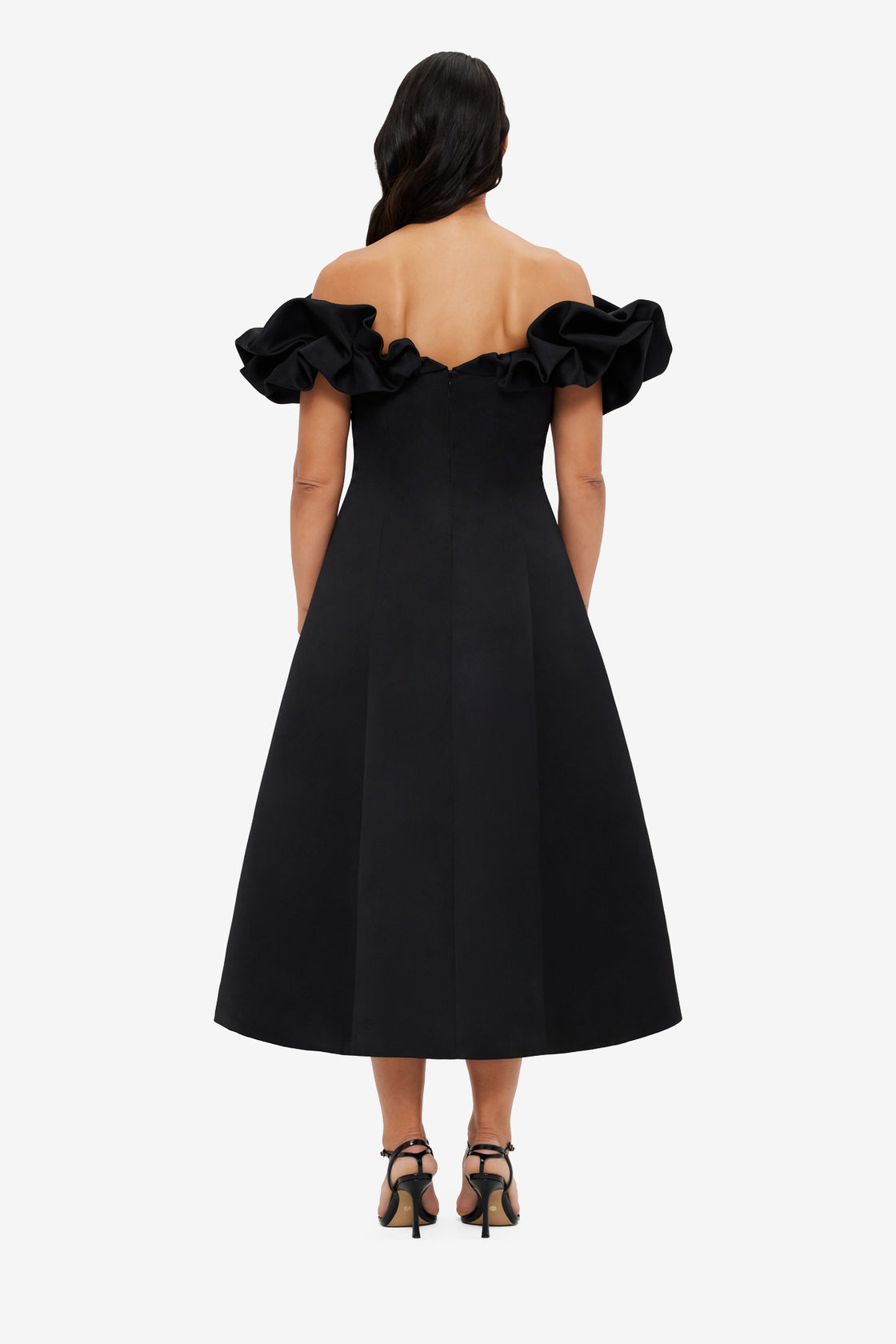 Exclusive LEO LIN Annie Off Shoulder Frill Midi Dress - Ebony