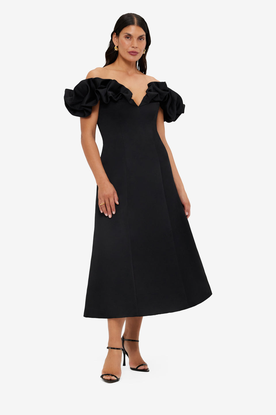 Exclusive LEO LIN Annie Off Shoulder Frill Midi Dress - Ebony