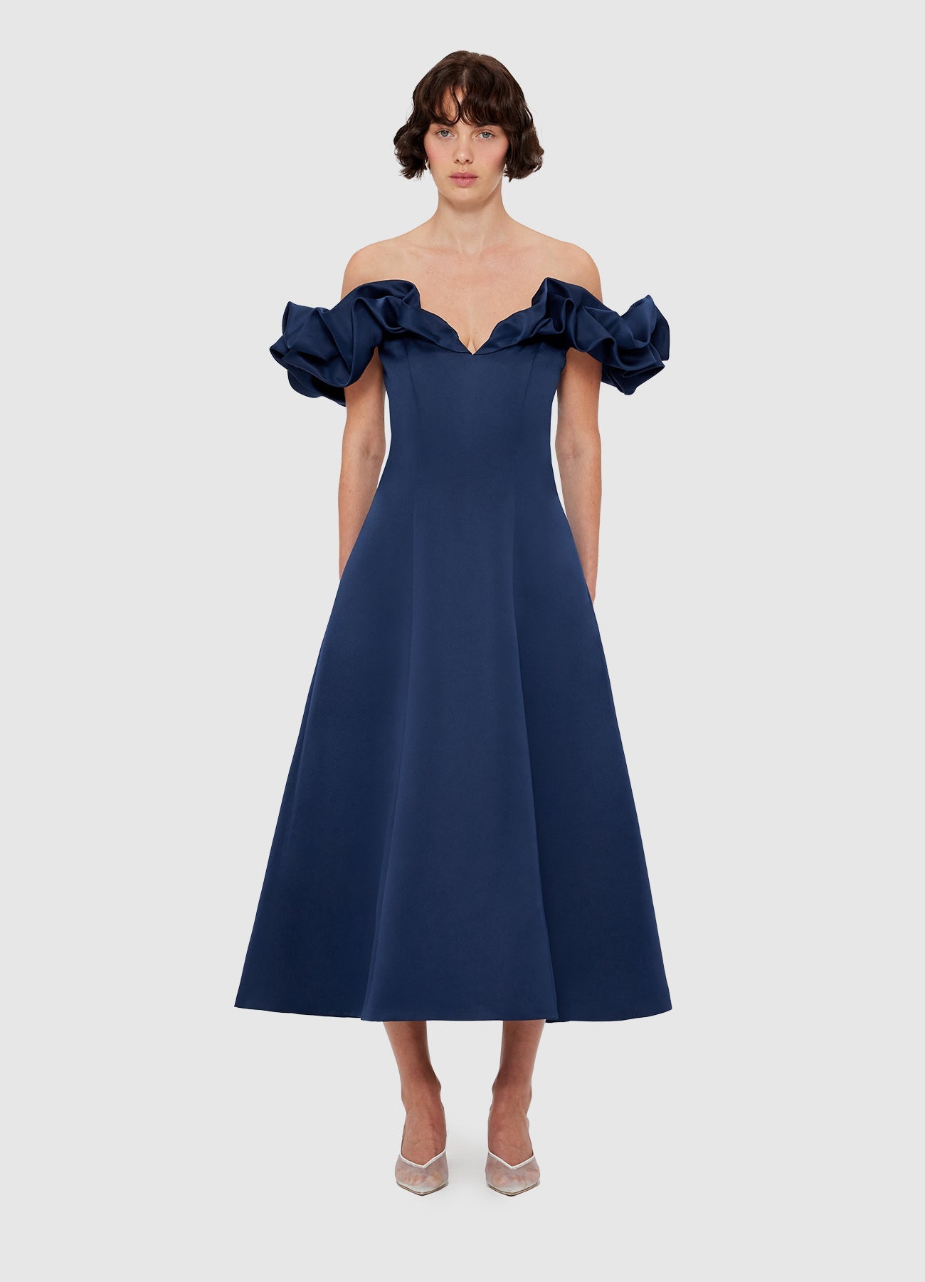 Navy frill cold shoulder midi dress hotsell