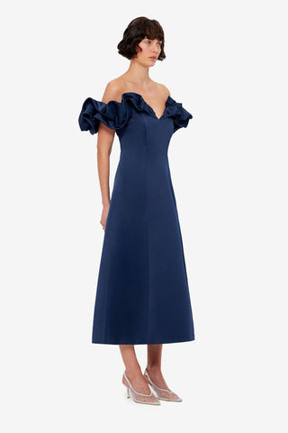 Exclusive LEO LIN Annie Off Shoulder Frill Midi Dress - Navy
