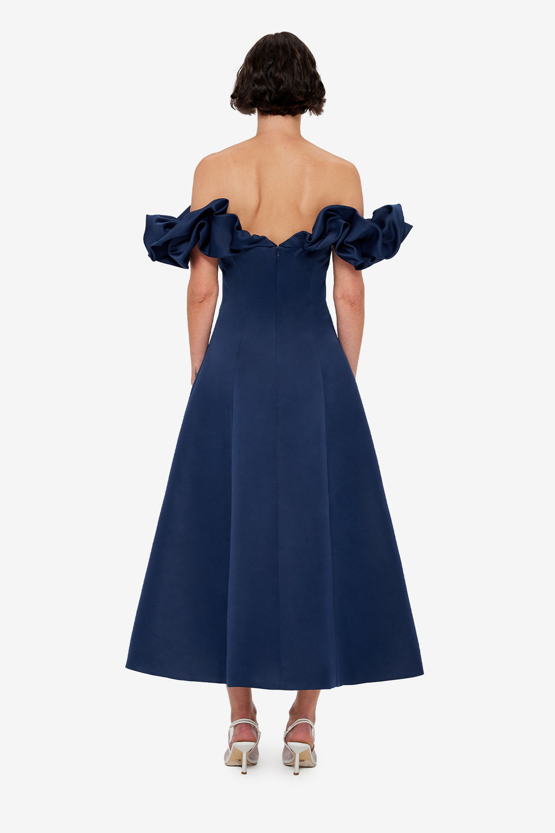 navy geo print satin frill shoulder split midi dress Navy Leaf Print Waist Cut Out Frill Hem Midi Dress