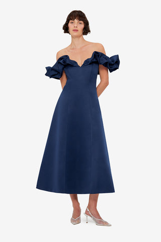 Exclusive LEO LIN Annie Off Shoulder Frill Midi Dress - Navy