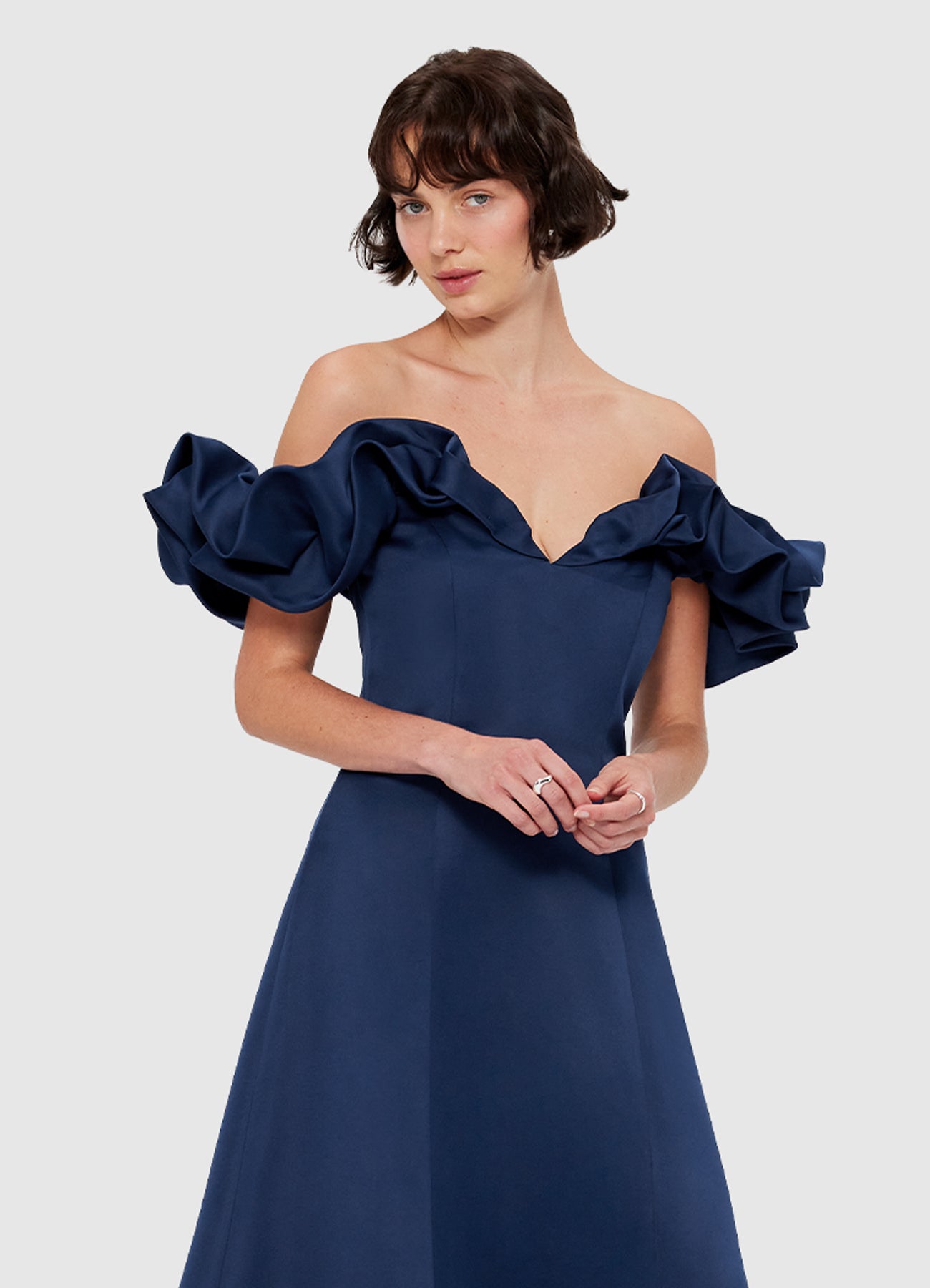 Annie Off Shoulder Frill Midi Dress Navy LEO LIN