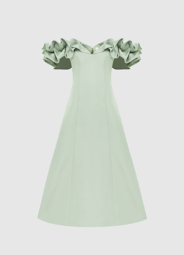 Exclusive Leo Lin Annie Off Shoulder Frill Midi Dress - Sage