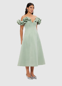 Exclusive Leo Lin Annie Off Shoulder Frill Midi Dress - Sage