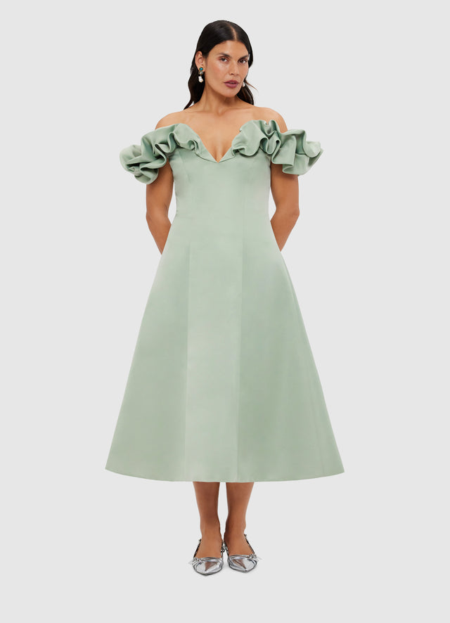 Exclusive Leo Lin Annie Off Shoulder Frill Midi Dress - Sage