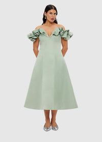 Exclusive Leo Lin Annie Off Shoulder Frill Midi Dress - Sage