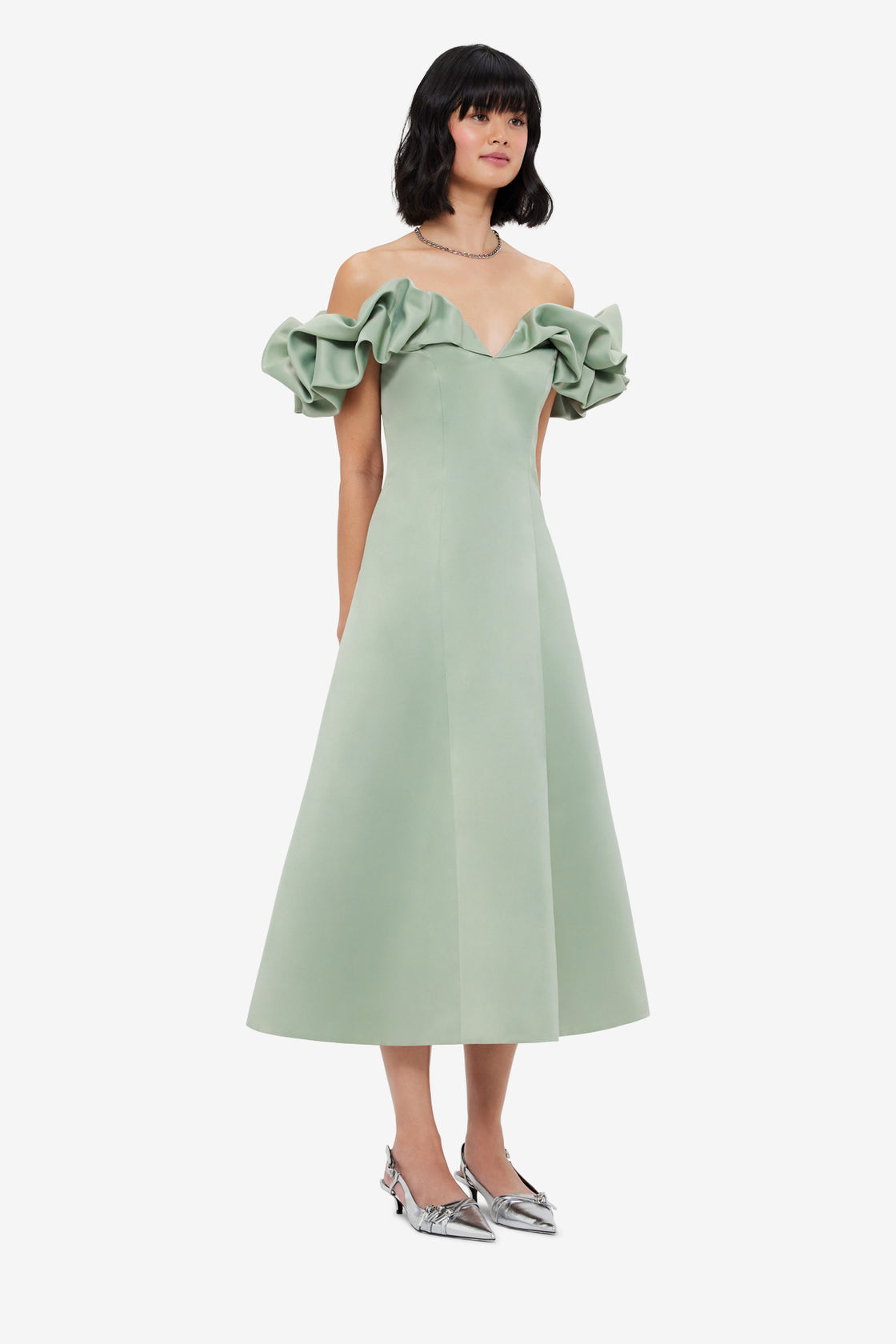Exclusive LEO LIN Annie Off Shoulder Frill Midi Dress - Sage