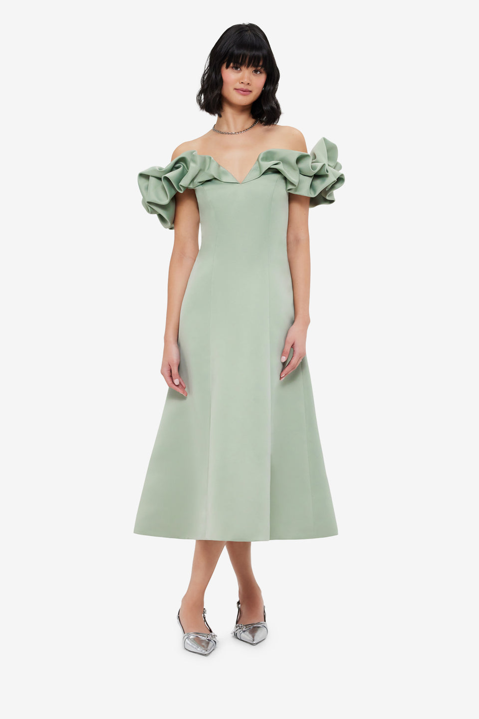 Exclusive LEO LIN Annie Off Shoulder Frill Midi Dress - Sage
