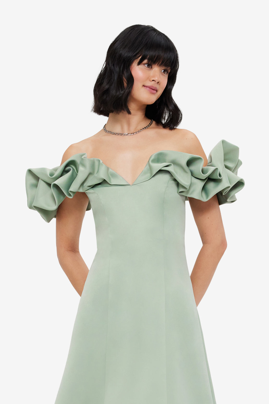 Exclusive LEO LIN Annie Off Shoulder Frill Midi Dress - Sage