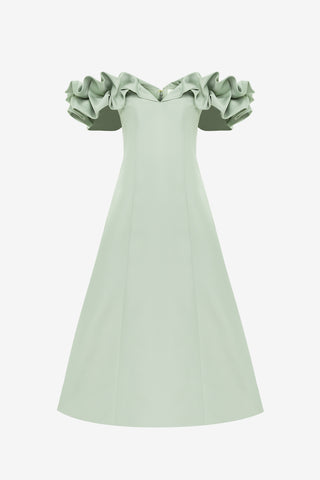 Exclusive LEO LIN Annie Off Shoulder Frill Midi Dress - Sage