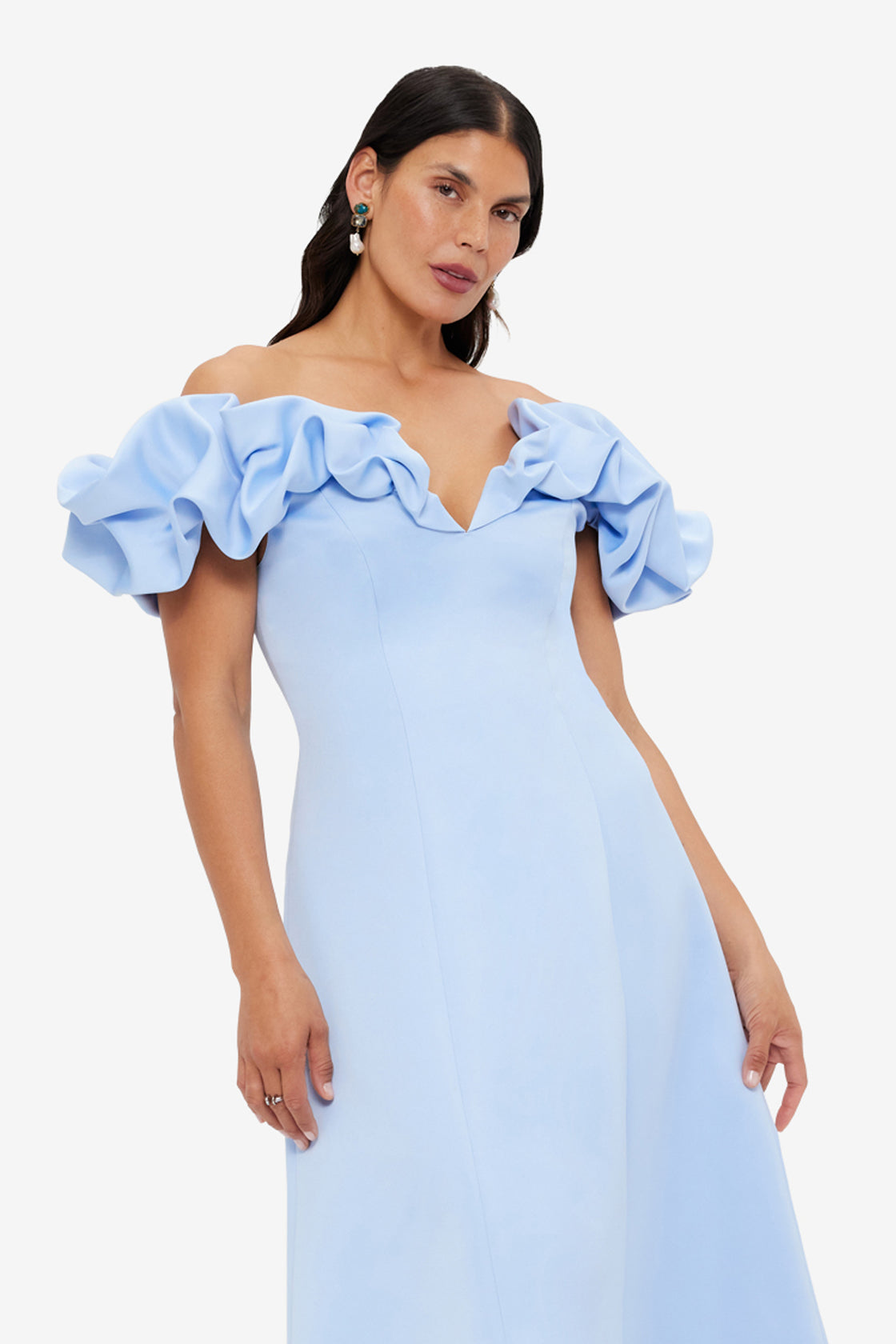 Exclusive LEO LIN Annie Off Shoulder Frill Midi Dress - Sky Blue