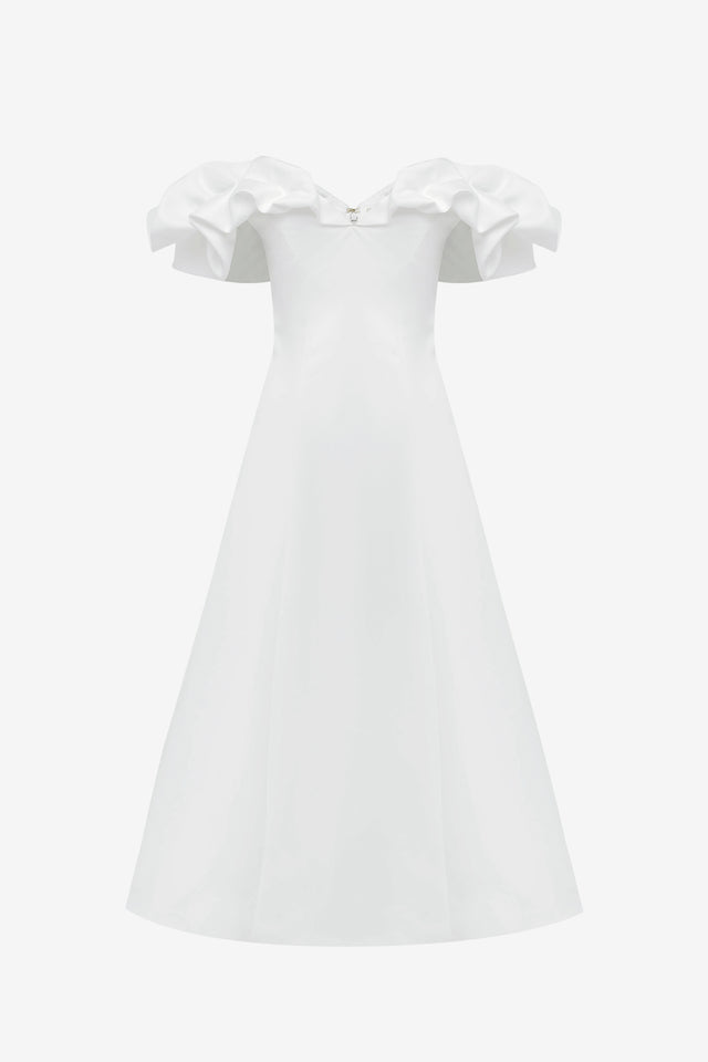 Exclusive LEO LIN Annie Off Shoulder Frill Midi Dress - Snow