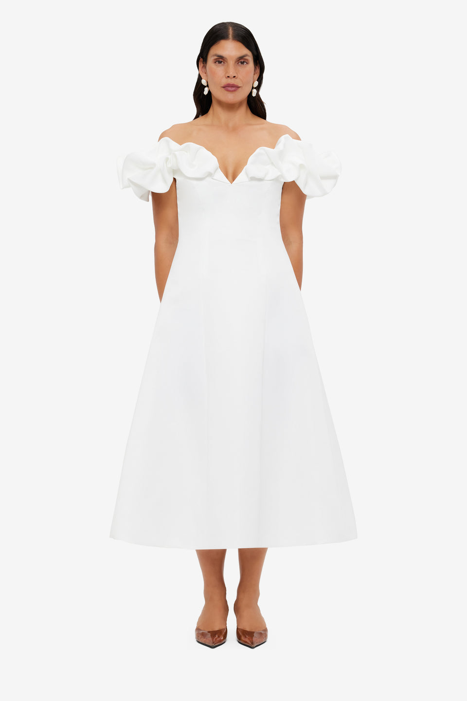 Exclusive LEO LIN Annie Off Shoulder Frill Midi Dress - Snow