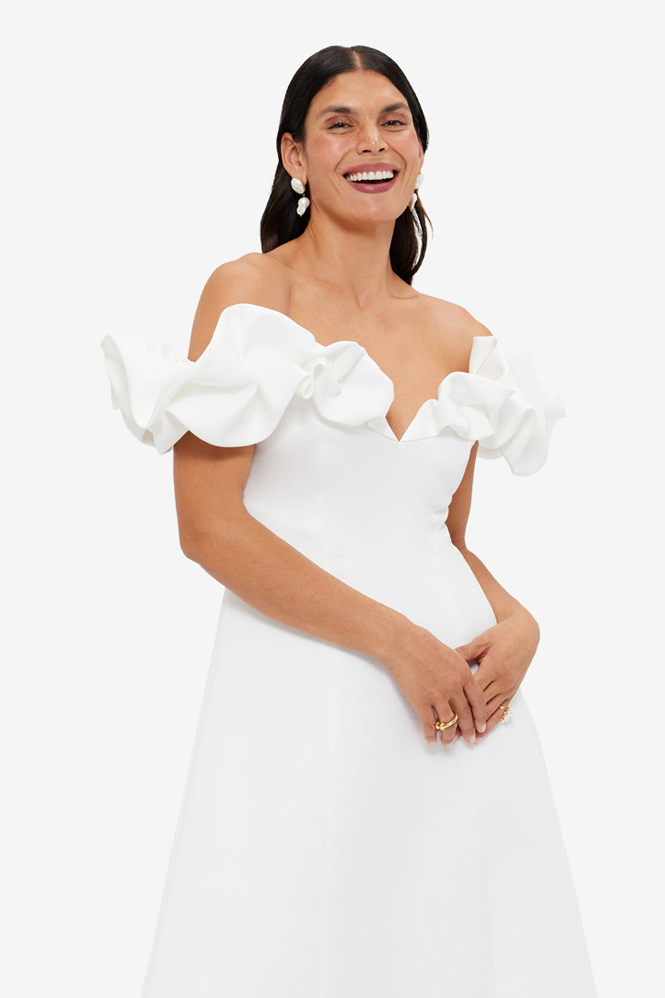 Exclusive LEO LIN Annie Off Shoulder Frill Midi Dress - Snow