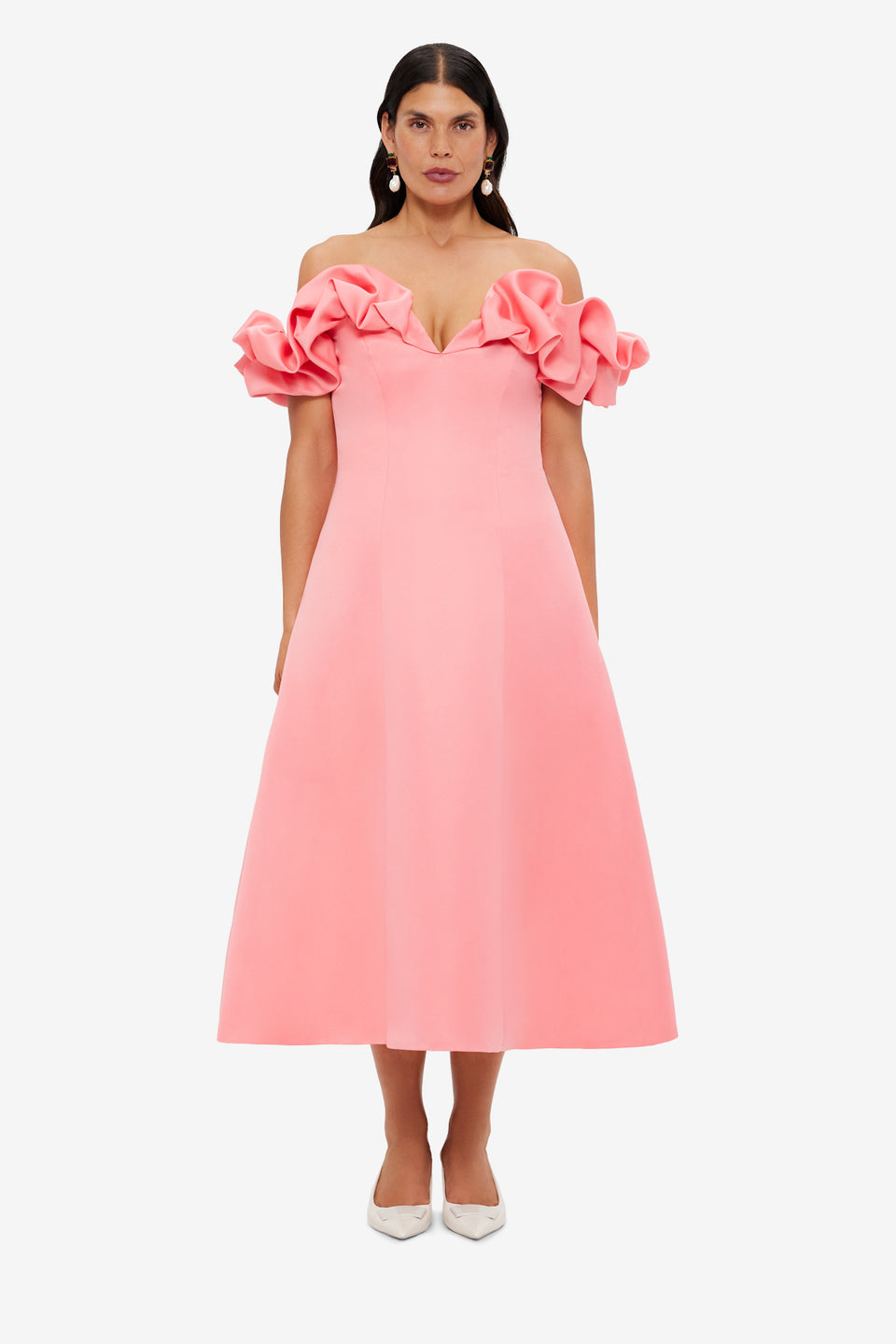 Exclusive LEO LIN Annie Off Shoulder Frill Midi Dress - Strawberry Pink