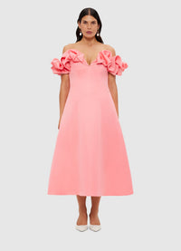 Exclusive Leo Lin Annie Off Shoulder Frill Midi Dress - Strawberry Pink