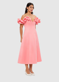 Exclusive Leo Lin Annie Off Shoulder Frill Midi Dress - Strawberry Pink