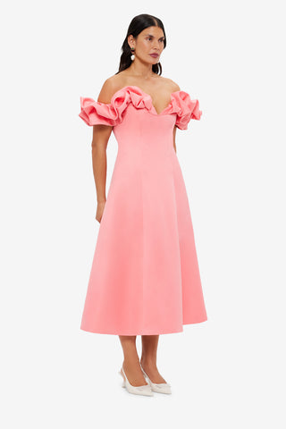 Exclusive LEO LIN Annie Off Shoulder Frill Midi Dress - Strawberry Pink