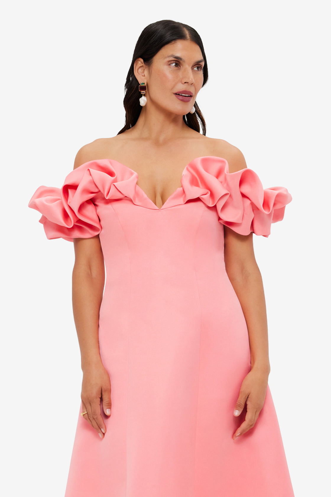 Exclusive LEO LIN Annie Off Shoulder Frill Midi Dress - Strawberry Pink