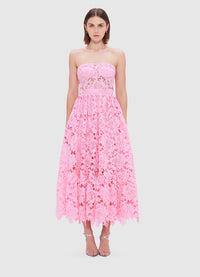 Exclusive Leo Lin Emilia Lace Bustier Midi Dress in Candy Pink