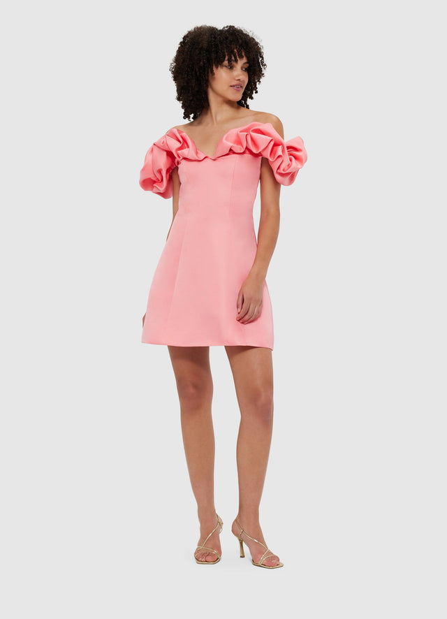 Exclusive Leo Lin Bella Off Shoulder Frill Mini Dress in Strawberry Pink