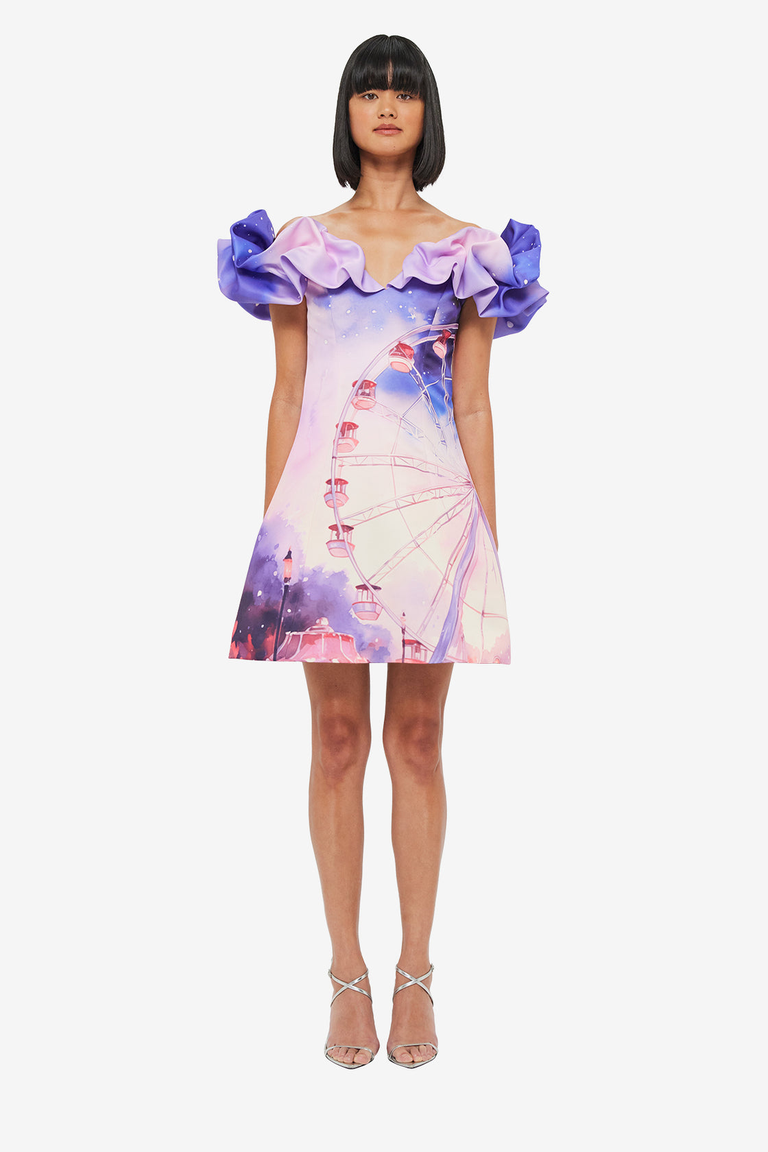 Exclusive LEO LIN Bella Off Shoulder Frill Mini Dress - Fairground Print