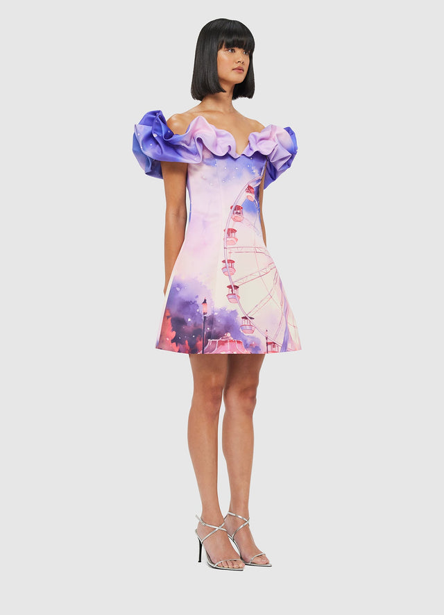 Exclusive Leo Lin Bella Off Shoulder Frill Mini Dress - Fairground Print