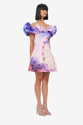 Exclusive LEO LIN Bella Off Shoulder Frill Mini Dress - Fairground Print