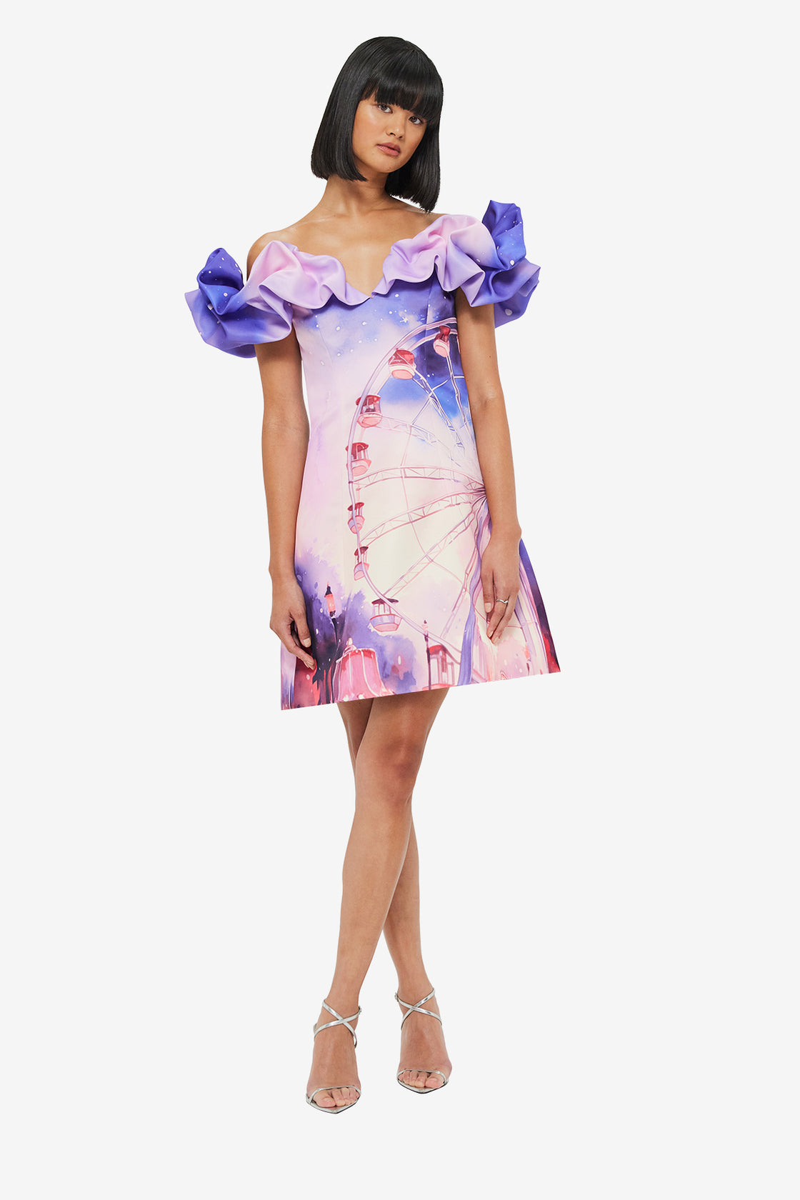 Exclusive LEO LIN Bella Off Shoulder Frill Mini Dress - Fairground Print