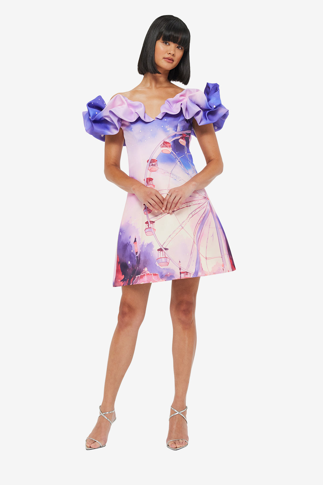 Exclusive LEO LIN Bella Off Shoulder Frill Mini Dress - Fairground Print