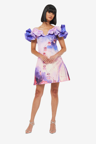 Exclusive LEO LIN Bella Off Shoulder Frill Mini Dress - Fairground Print