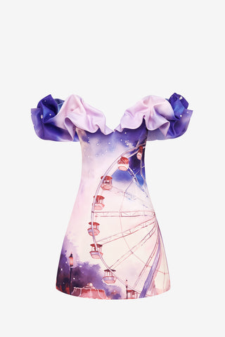 Exclusive LEO LIN Bella Off Shoulder Frill Mini Dress - Fairground Print