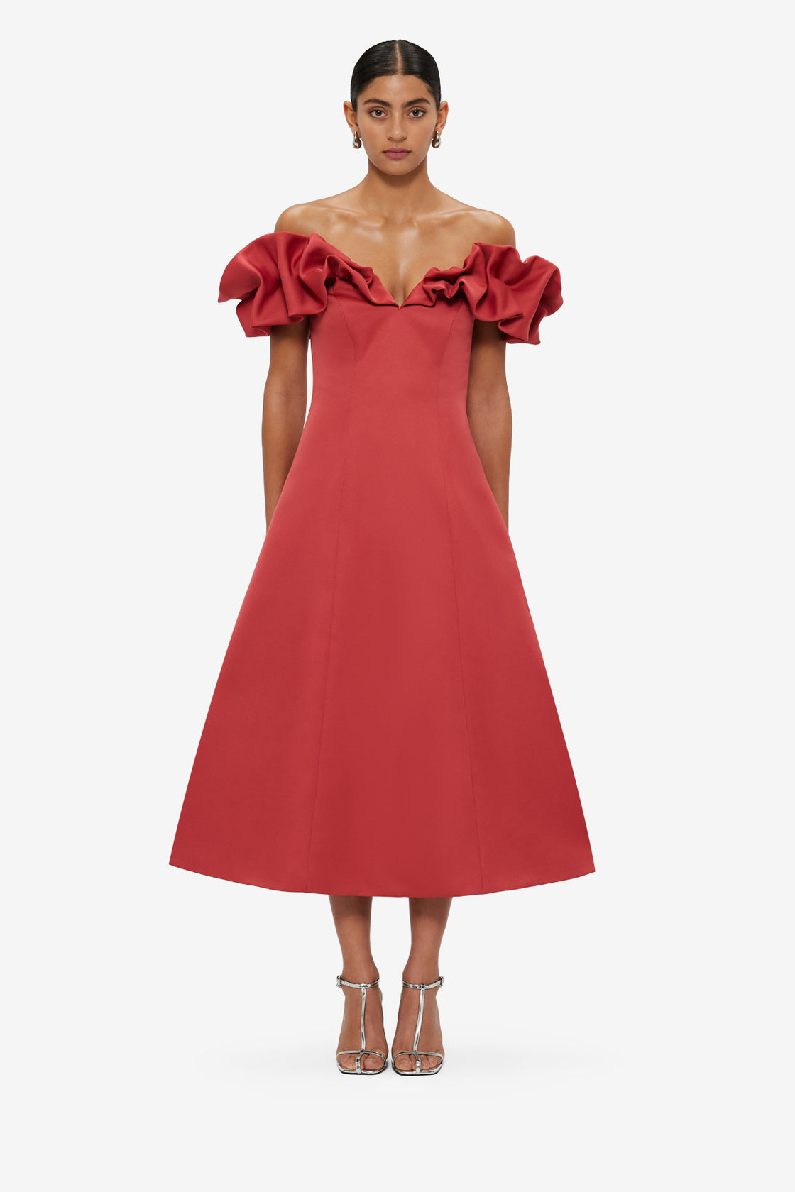 Exclusive LEO LIN Annie Off Shoulder Frill Midi Dress - Mulberry