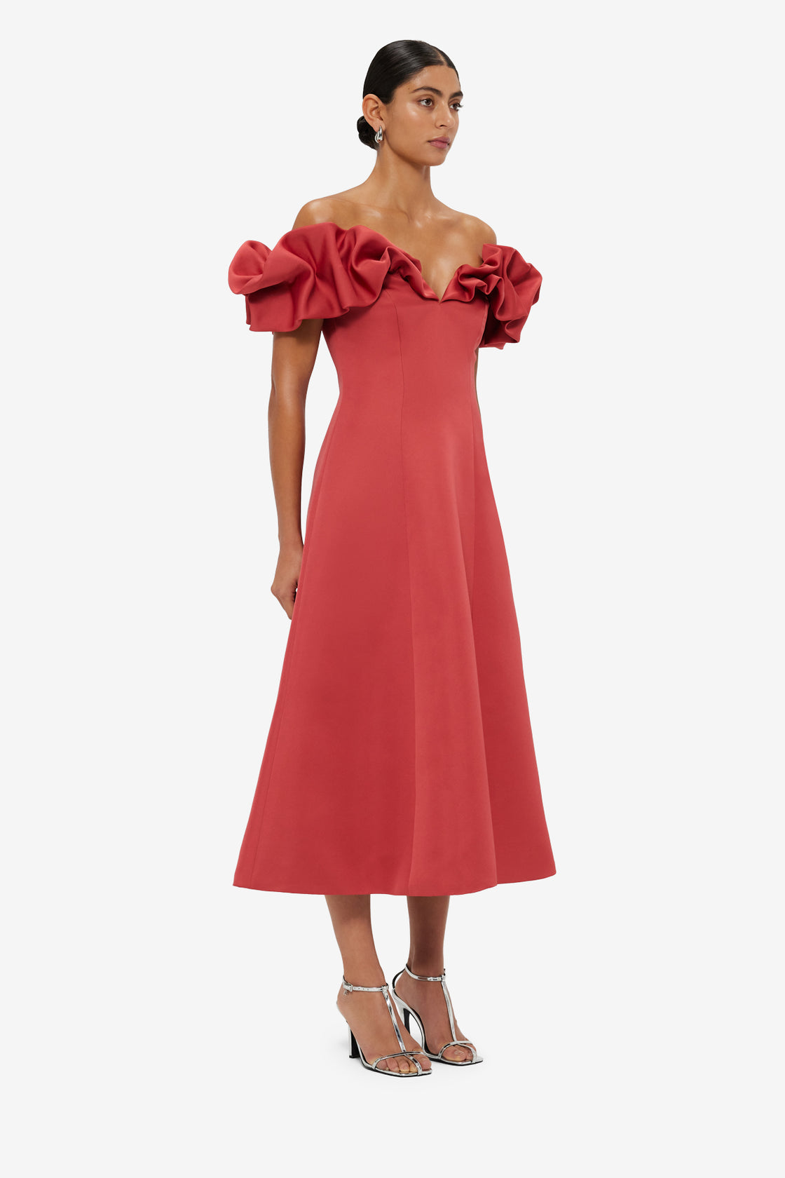 Exclusive LEO LIN Annie Off Shoulder Frill Midi Dress - Mulberry