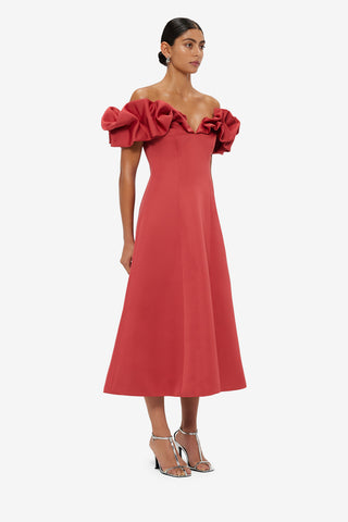 Exclusive LEO LIN Annie Off Shoulder Frill Midi Dress - Mulberry