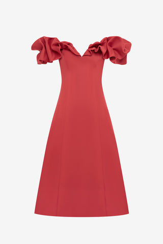 Exclusive LEO LIN Annie Off Shoulder Frill Midi Dress - Mulberry