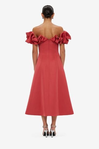 Exclusive LEO LIN Annie Off Shoulder Frill Midi Dress - Mulberry