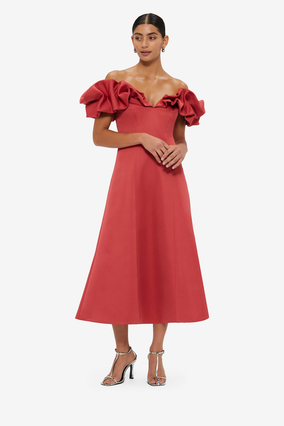 Exclusive LEO LIN Annie Off Shoulder Frill Midi Dress - Mulberry