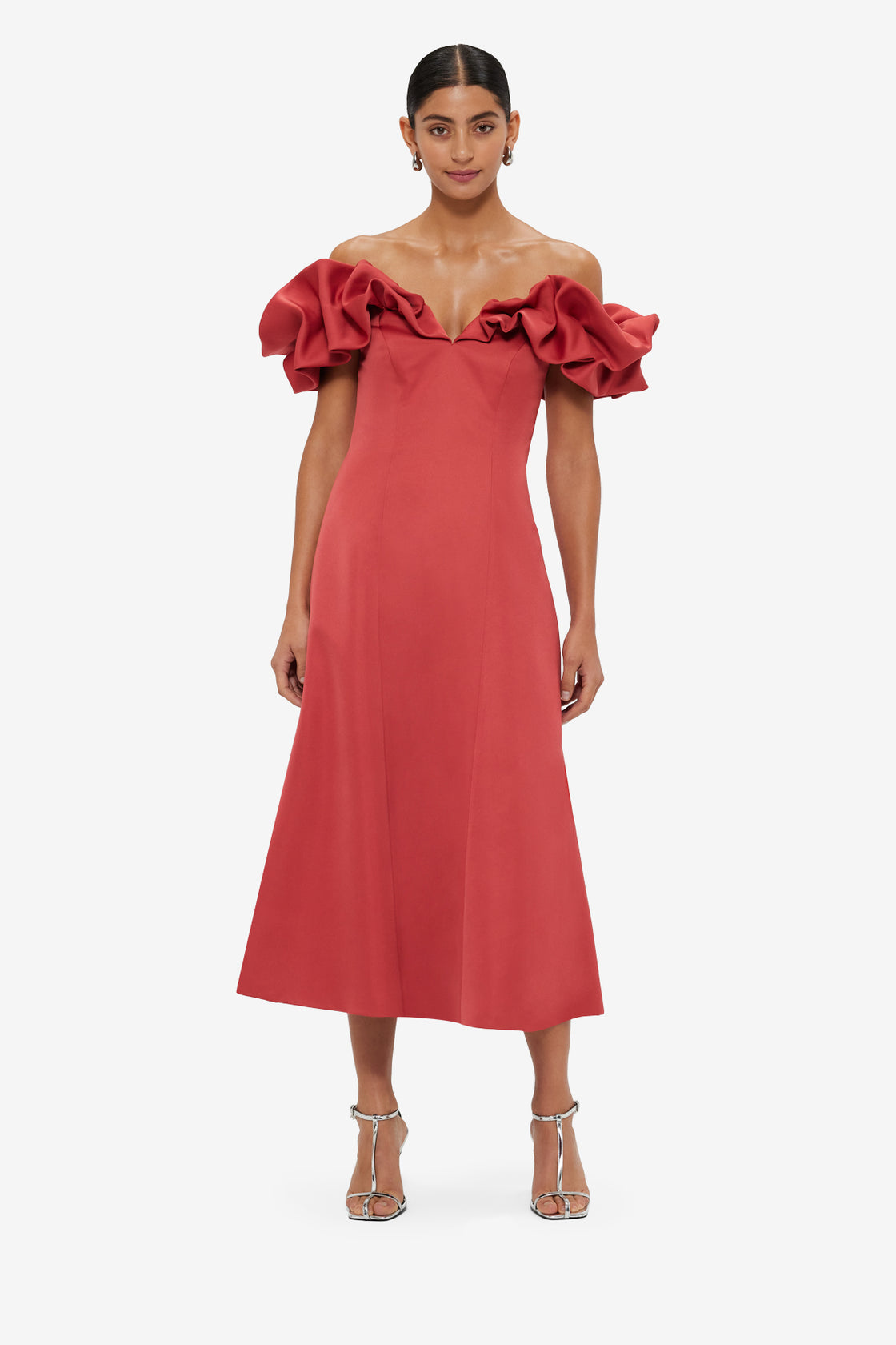 Exclusive LEO LIN Annie Off Shoulder Frill Midi Dress - Mulberry