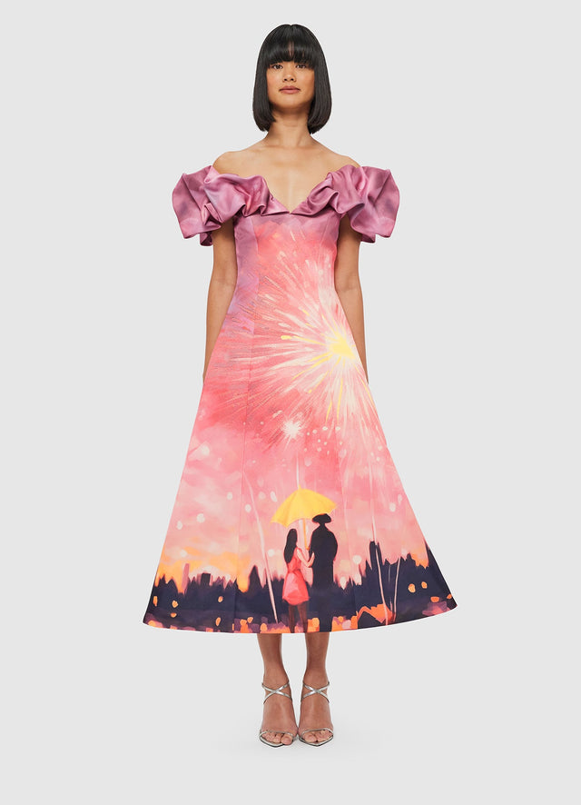 Exclusive Leo Lin Annie Off Shoulder Frill Midi Dress - Afterglow Print