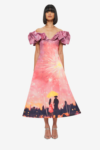 Exclusive LEO LIN Annie Off Shoulder Frill Midi Dress - Afterglow Print