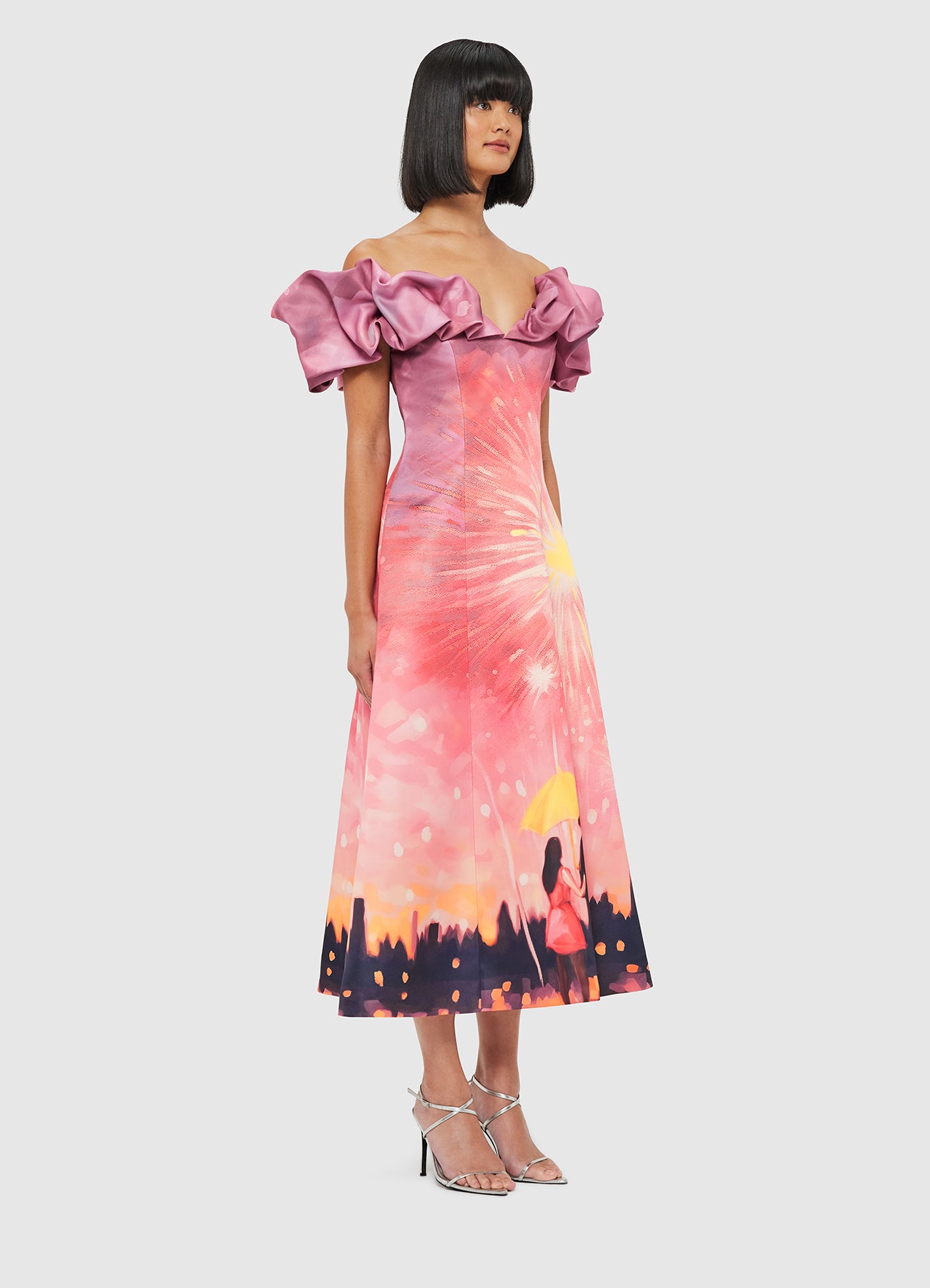 Annie Off Shoulder Frill Midi Dress - Afterglow Print – LEO LIN