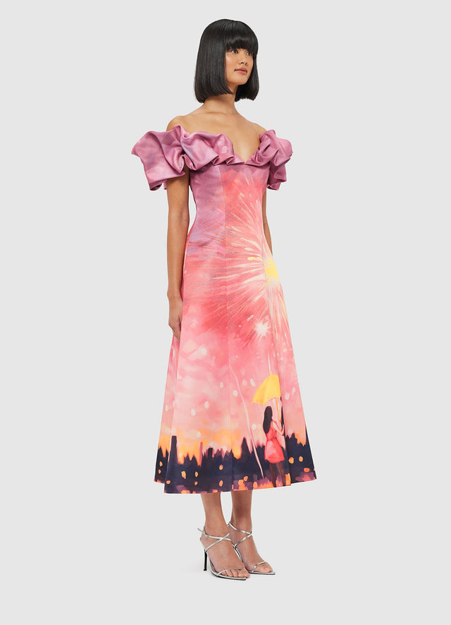 Exclusive Leo Lin Annie Off Shoulder Frill Midi Dress - Afterglow Print