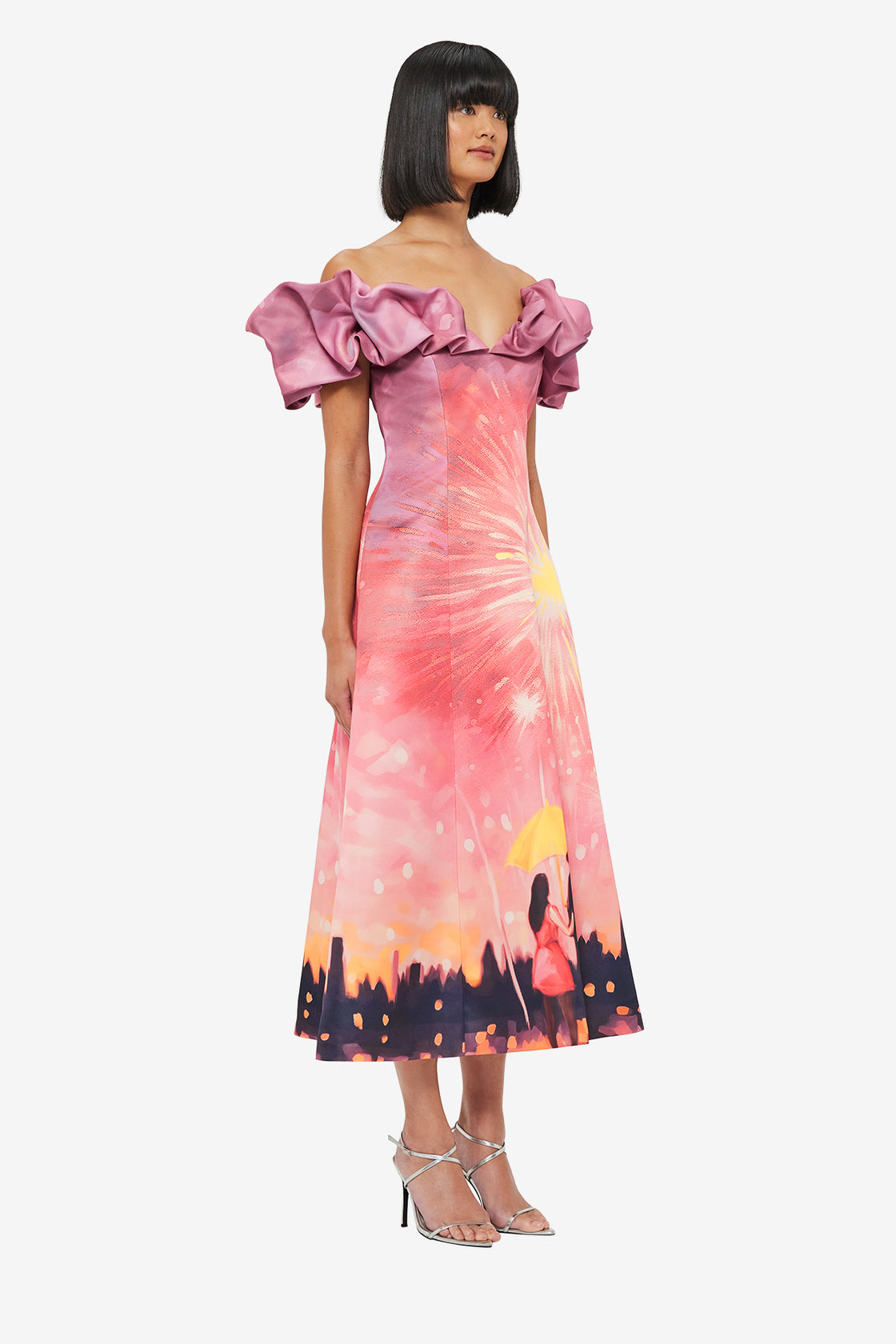 Exclusive LEO LIN Annie Off Shoulder Frill Midi Dress - Afterglow Print