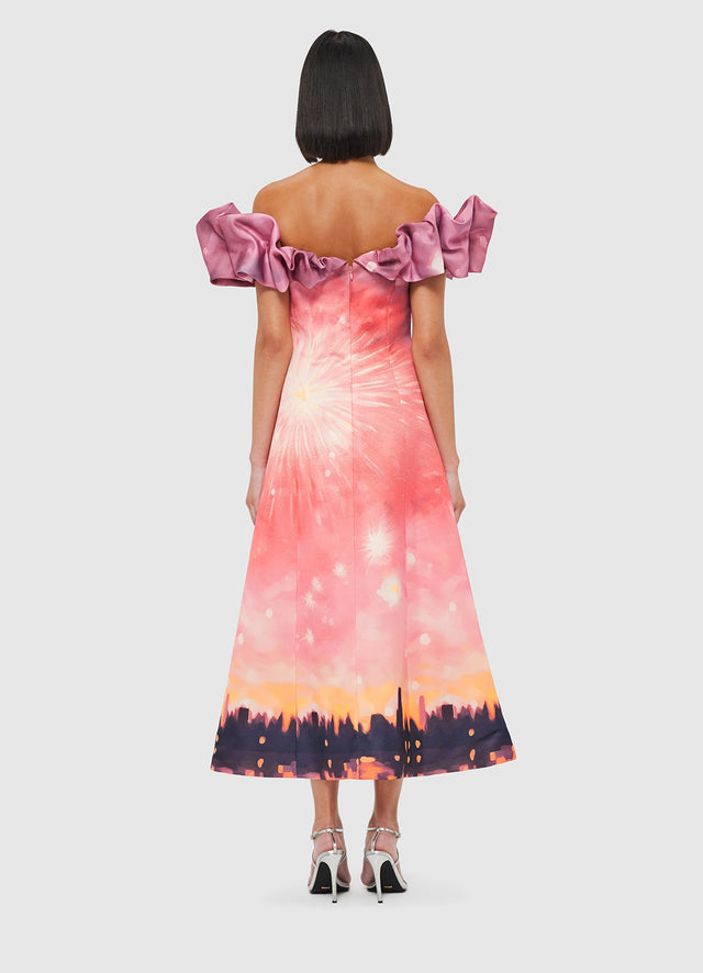 Exclusive Leo Lin Annie Off Shoulder Frill Midi Dress - Afterglow Print