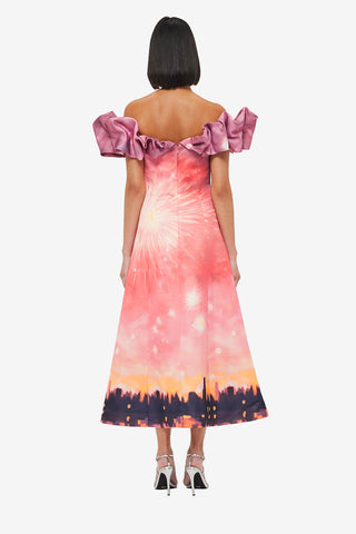 Exclusive LEO LIN Annie Off Shoulder Frill Midi Dress - Afterglow Print